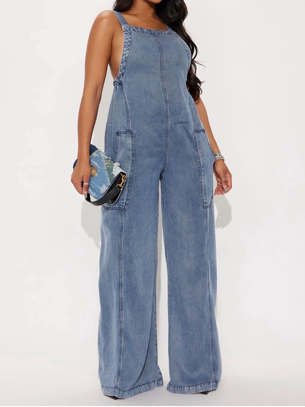 Denim Wide Leg Jumpsuit - Blue